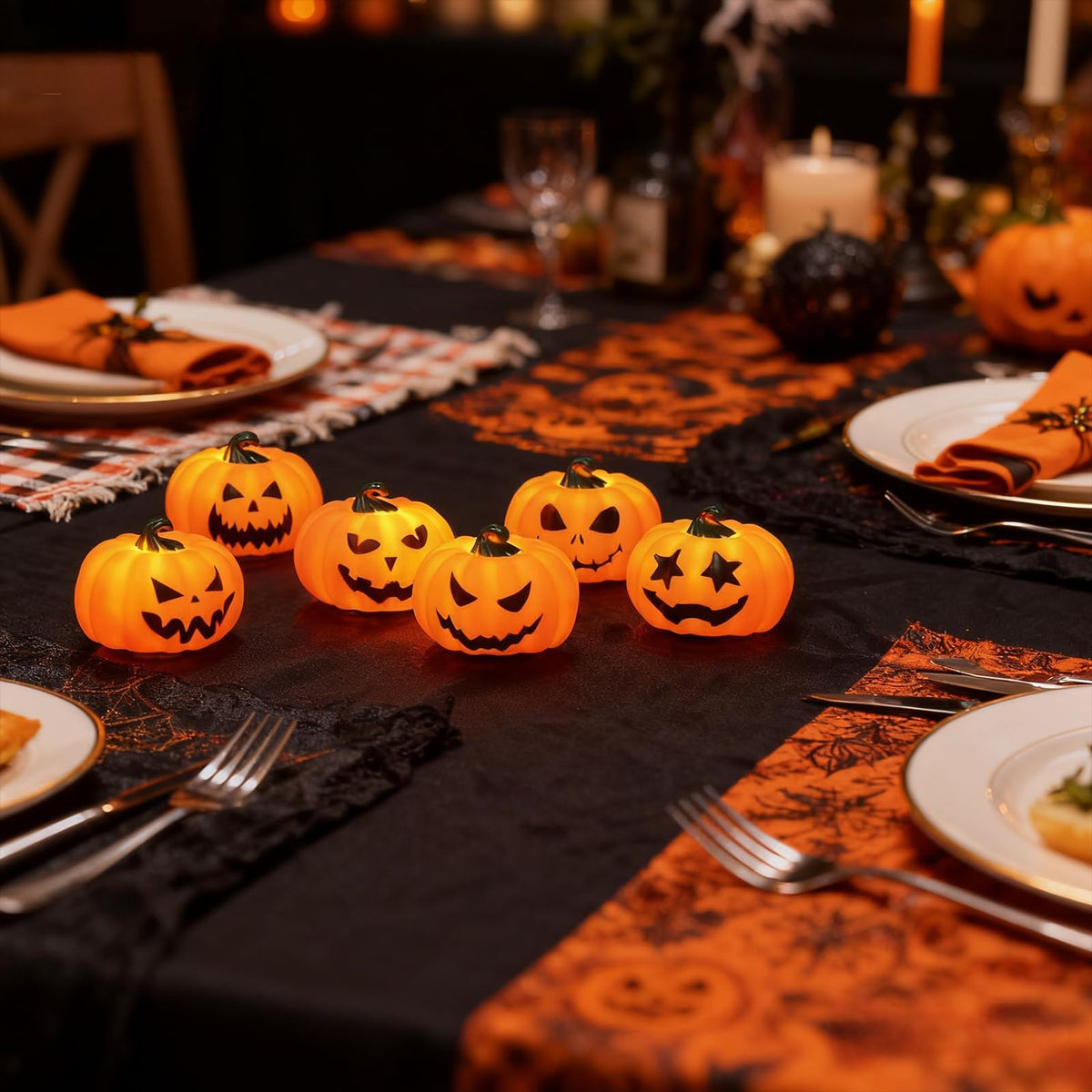 Wondise 6Pack Halloween Pumpkin Tea Lights with Remote and Timer, Battery Operated LED Orange Jack-O-Lantern Candles for Halloween Decor, Flameless Candles for Pumpkin Decorations