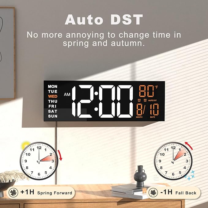JALL 16" Large Digital Wall Clock with Remote, Big LED for Seniors, Auto Dimming, 8 RGB Colors, Night Light, Count Down Timer, Alarm, DST, Temperature for Living Room, Back to School Classroom