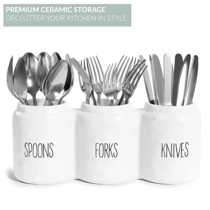 Barnyard Designs Silverware Caddy for Countertop - Cutlery Organizer for Spoon, Fork, and Knife - Ceramic Utensil Holder for Flatware or Plasticware - Perfect for Parties - 12.5” x 4.25” x 5” (White)