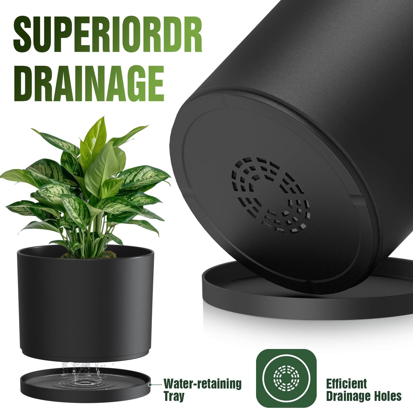 Areutxbis 10/9/8 Inch Large Plant Pots with Drainage Holes and Trays, 3 Pack Modern Minimalist Cylinder Planters for Monstera, Snake Plant, Indoor Outdoor (Matte Black)