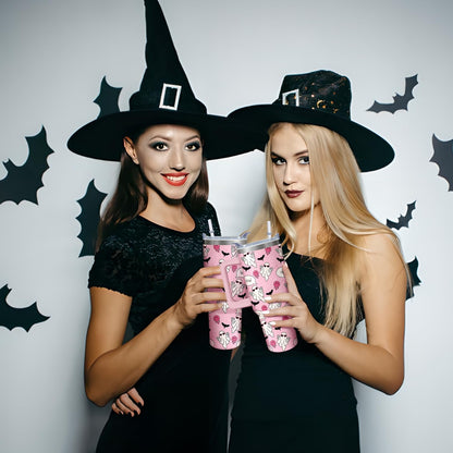 Kearscupra 40oz Cute Ghost Halloween Tumbler With Handle and Straw,Gifts for Women Spooky Pink Bat Melting Smile Face Coffee Mug Water Bottle, Stainless Steel Insulated Cup