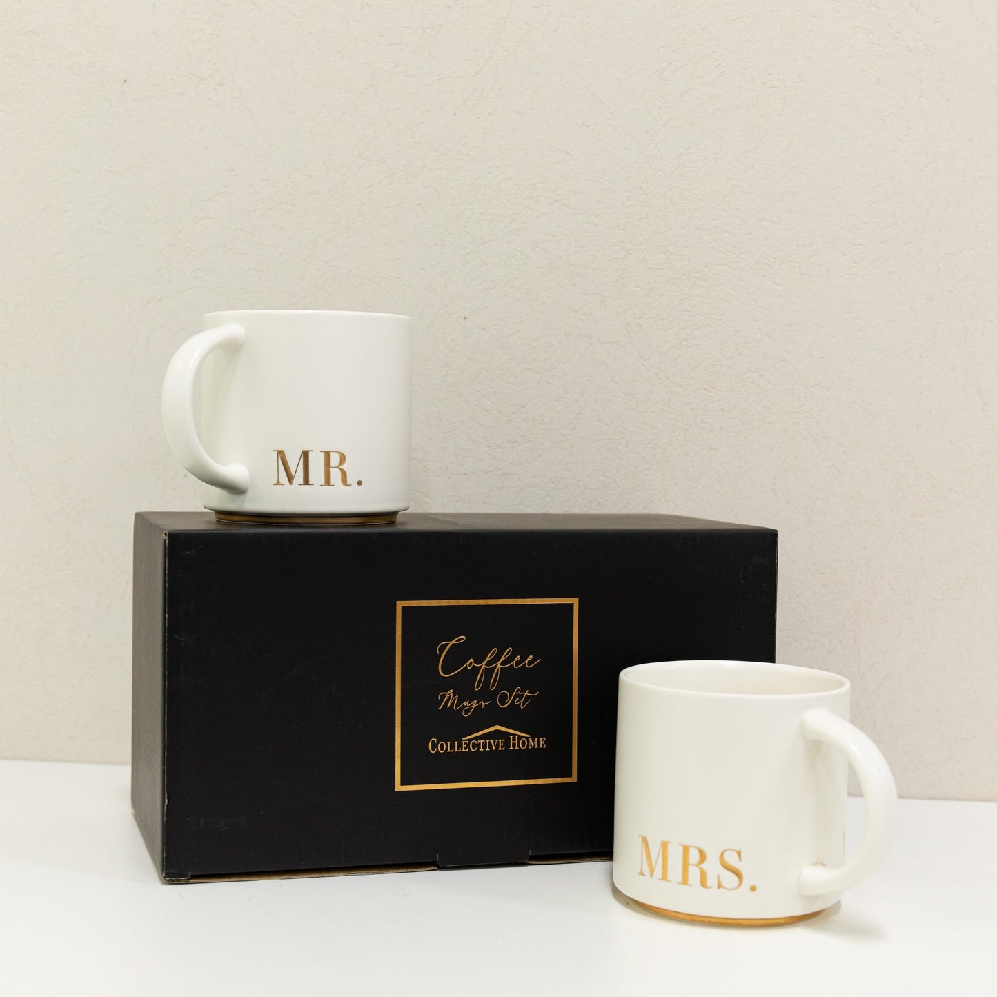 COLLECTIVE HOME Mr. & Mrs. Ceramic Mug Set - 15oz Luxury Wedding Gift for Couples, Elegant 2-Piece Coffee Cups for Newlyweds, Anniversary & Engagement Gift Box Set (MR & MRS)