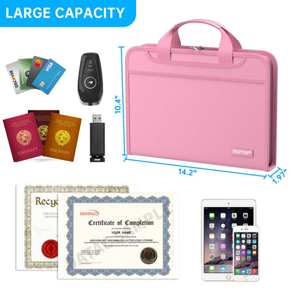 ENGPOW Accordion File Organizer,Fireproof Expanding File Folder with Multi Pockets,13 Pockets Document Organizer with Handle & Labels,Portable Home Travel Safe Storage Folder for Letter A4 Files,Pink
