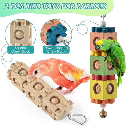 DBNESS 2 PCS Bird Chew Toys for Beak Grinding, Hanging Rotating Wood Block with Bell Parrot Foraging Enrichment Chewing Toy for Small to Medium Conure Cocktie Caique Similar Sized Pet Birds