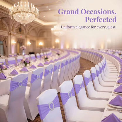 Arkrmce 150 Pieces Chair Sashes & Bows - Stretch Spandex Chair Cover Band with Buckle for Wedding, Hotel Banquet, Birthday Party & Home Bulk Decorations (Purple)