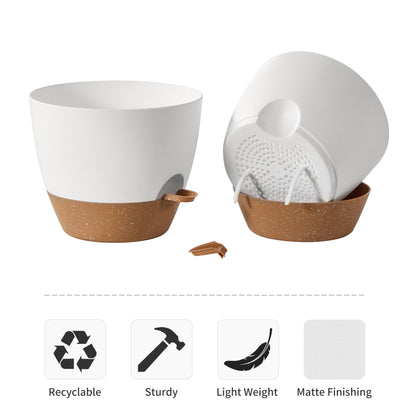 FaithLand 3-Pack Planter Pots, 10 9 8 Inch Self Watering Flower Pots for Indoor Outdoor Garden Plants, White with Brown