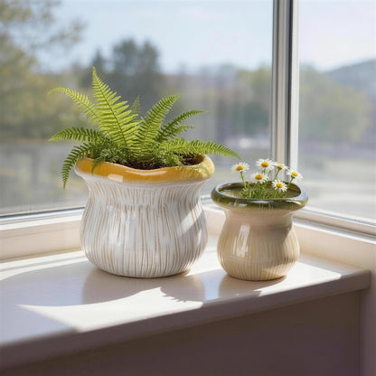Chonsun 2 Pack Ceramic Plant Pots with Drainage Hole, Two-Tone Textured Planters for Indoor Outdoor Plants, Small Decorative Flower Pots for Succulents Herbs Houseplants