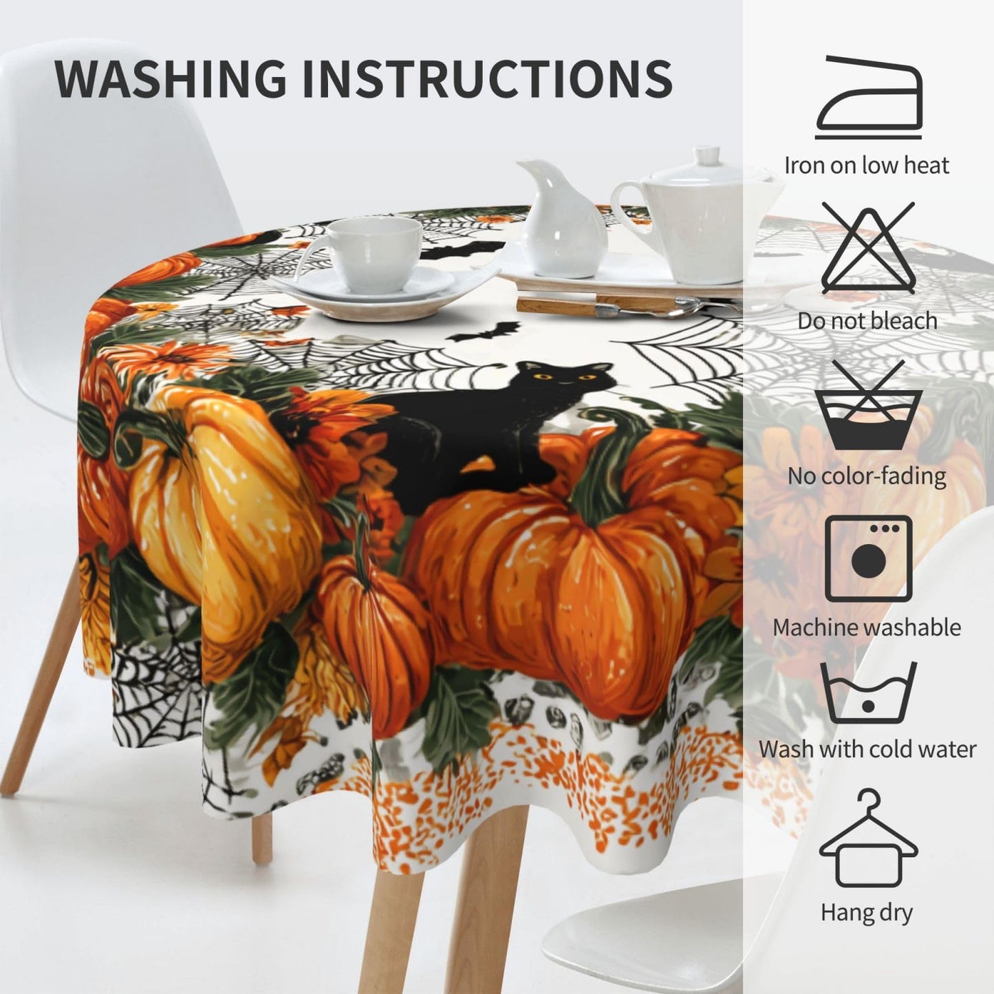 Halloween Pumpkin Bat Round Tablecloth 60 Inch, Black Cat Decorations Round Table Cloth for Halloween Holiday Picnic Party Kitchen/Home Dining Decor