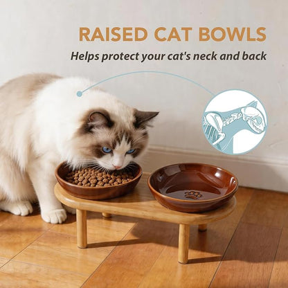 Havniva Elevated Cat Bowls Raised Ceramic Cat Bowl, 5.7” Wide Opening Cat Food Bowl Whisker Friendly Cat Dish Anti-Slip with Bamboo Stand, Shallow Pet Food & Water Bowl for Indoor Cats