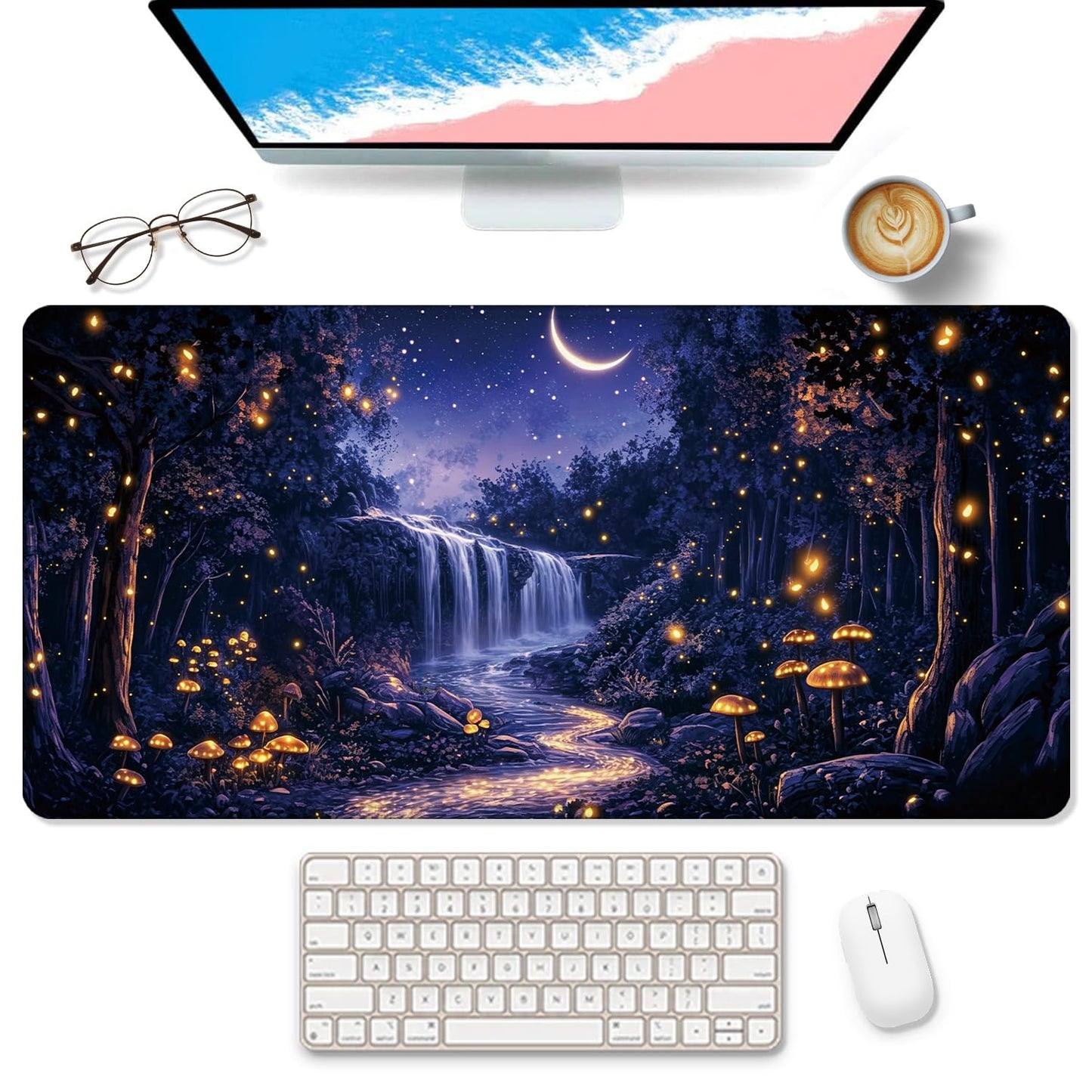 XUNLURY Fantasy Forest Large Mouse Pad Desk Mat, Starry Night Mystical Enchanted Forest Extended Gaming Mousepad, Non-Slip Desk Pad for Home Office Work, 31.5x15.7 Inch