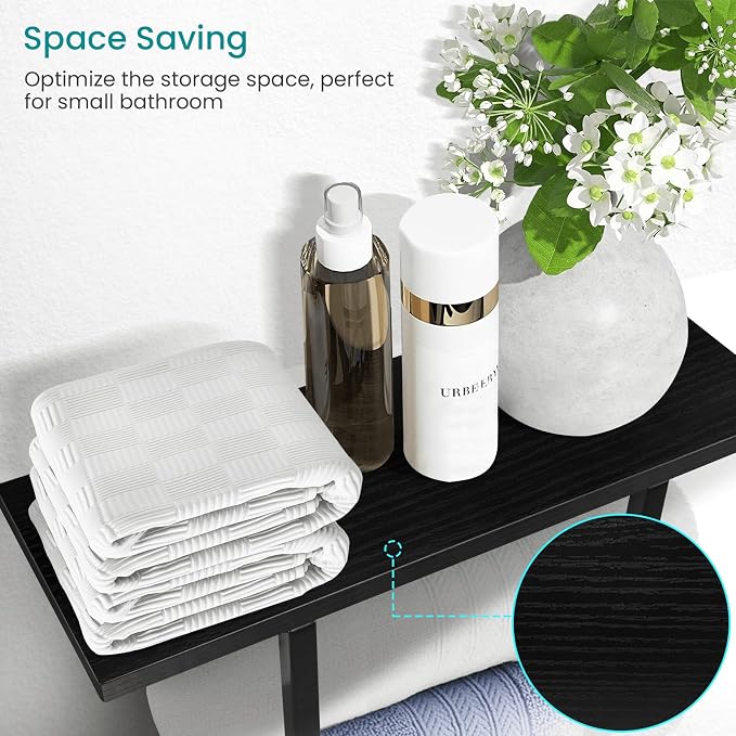 ELITEROO Towel Holder for Bathroom Wall, Towel Rack with Shelf and Hooks, Hanging Towel Organizer for Small Bathroom Storage, Wooden Rolled Towel Shelf for RV, Camper, Black