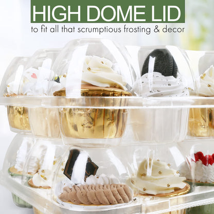 LotFancy (12 Count x 5 Sets) Cupcake Containers with 60 Liners, Plastic Stackable Cupcake Boxes, Disposable Muffin Holder with Detachable Tall Dome Lid, BPA Free, Clear Cupcake Carrier, Standard Size