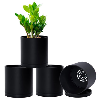 D'vine Dev 4 Pack 5.5 Inch Modern Plastic Plant Pots, Small Garden Planters for Plant with Drainage Holes and Saucers, Black Color, 74-Y-H-2