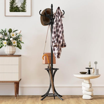 Giantex Solid Wood Coat Rack, Freestanding Hall Tree w/12 Hooks, Umbrella Holder, Entryway Hanger Stand for Coat, Hats, Scarves, Bags, Wooden Garment Rack for Bedroom, Hallway (Black)
