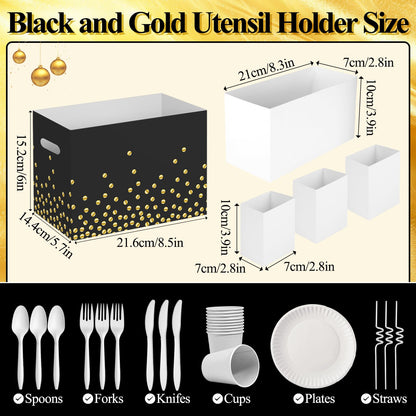 AKAIXI 2PCS Black and Gold Utensil Holder Paper Utensil Caddy for Retirement Party Supplies Cutlery Holder with Handles Black and Gold Party Favors Disposable Cutlery Caddy for Birthday Decorations