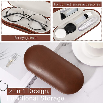 MoKo Double Eyeglass Case, Contact Lens Case with Mirror Tweezers Remover, 2 in 1 Double Sided Portable Contact Lens Box Holder Container Soak Storage Kit Sunglasses Pouch for Men & Women, Brown