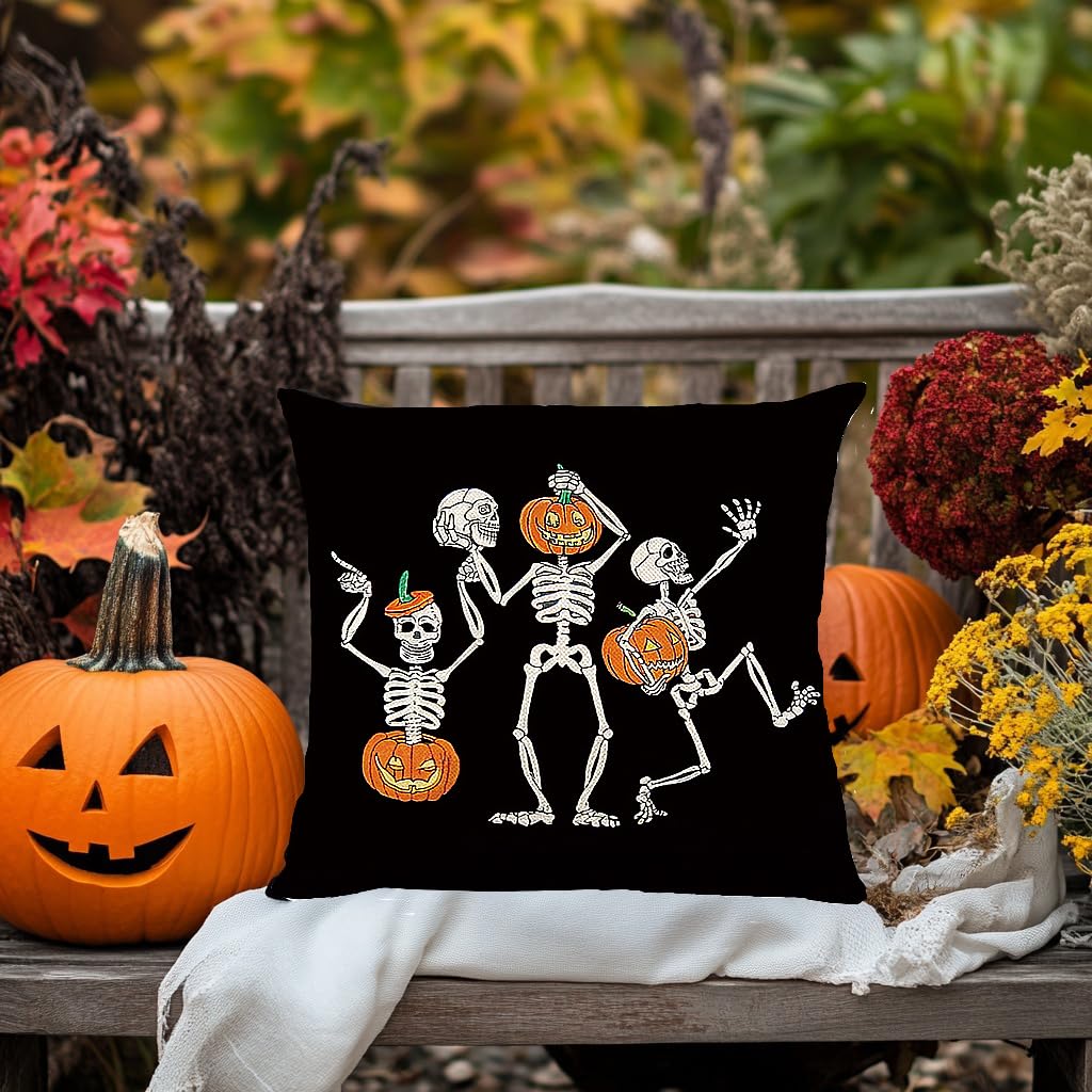 Halloween Pillow Covers 16 x 16 Inch Set of 2 Skeleton Skull Pumpkin Couch Throw Pillow Covers Decorative Pillow Case Cushion Case for Chair Sofa Bedroom Living Room Halloween Home Decor Black