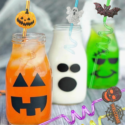 24Pcs Bling Glitter Halloween Party Favors Straws Bats Pumpkin Witch Ghost Straws for Halloween Party Supplies Birthday Party Decoration with 2 Cleaning Brush.