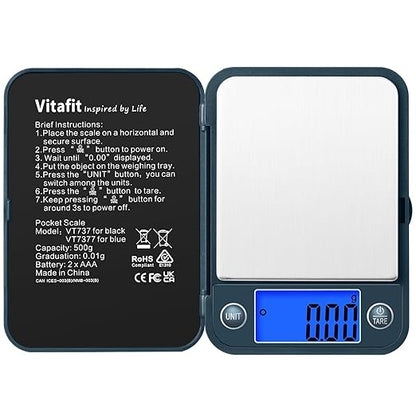 Vitafit 500g Digital Pocket Scale,High Accuracy Assured by Scale Professional Factory Since 2001, Gram Scale 0.01g for Multifunction: Lab,Food, Kitchen,Coffee,Jewelry; Blue