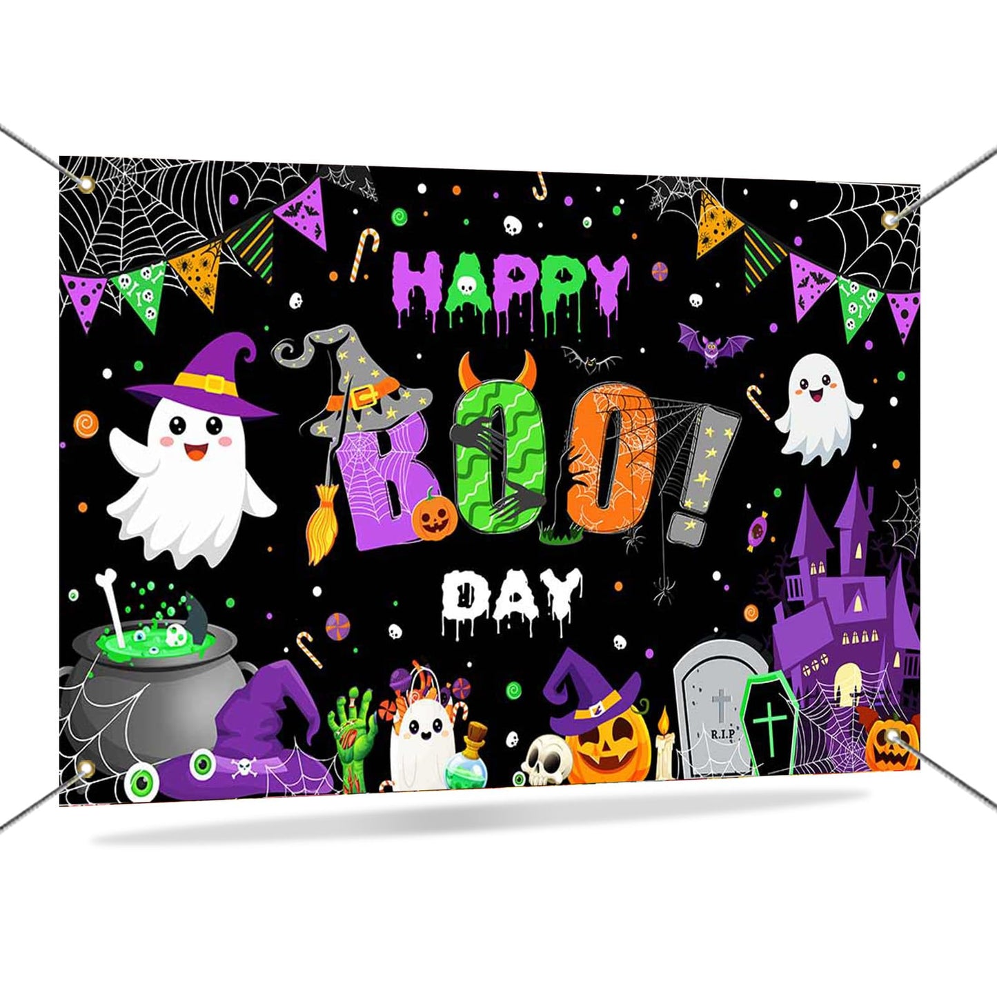 Mocsicka Happy Boo Day Banner Backdrop Halloween Happy Birthday Banner Purple Cute Ghost Happy Boo Day Halloween Birthday Decorations Photo Booth Props 70.8x43.3(inch)