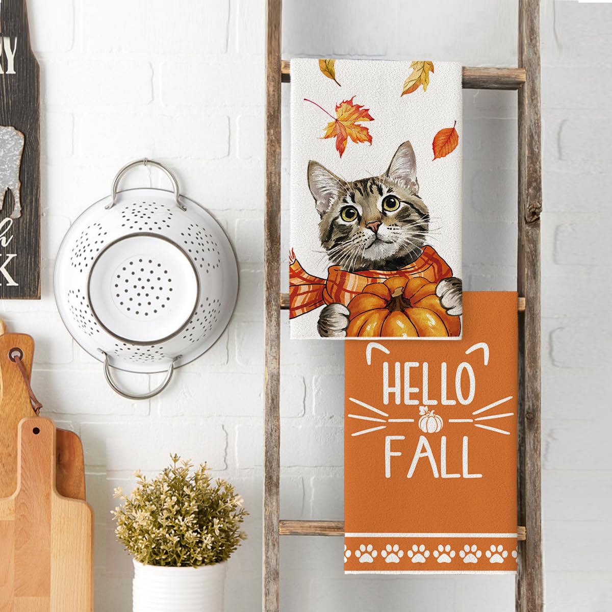 Artoid Mode Cat Pumpkin Hello Fall Kitchen Towels Dish Towels, 18x26 Inch Farmhouse Thanksgiving Scarf Maple Leaves Decoration Hand Towels Set of 2