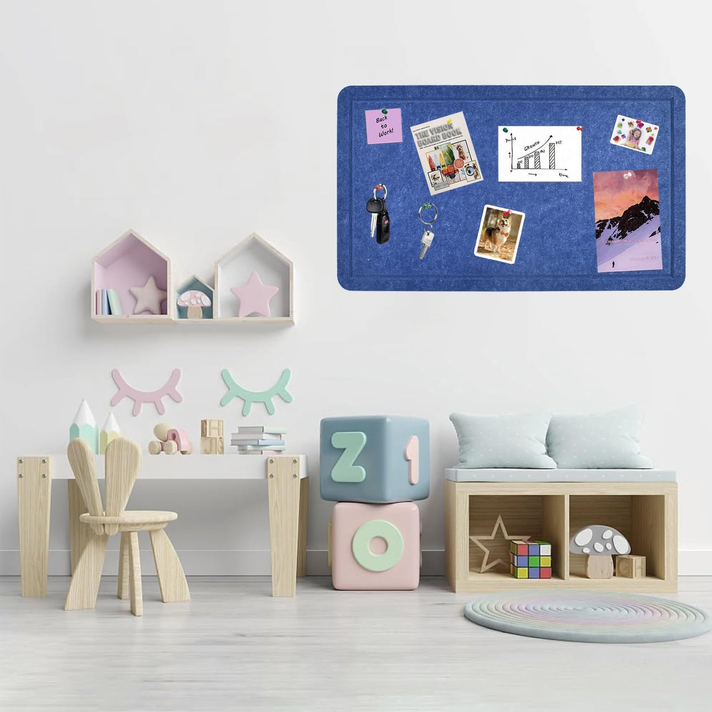 Vuzvuv Dark Blue 28"x16" Large Cork Board with 50 Push Pins & Sticky Notes, Self-Adhesive Bulletin Board for Wall, Felt Pin Vision Board for Paste Notes,Schedules Offices Home