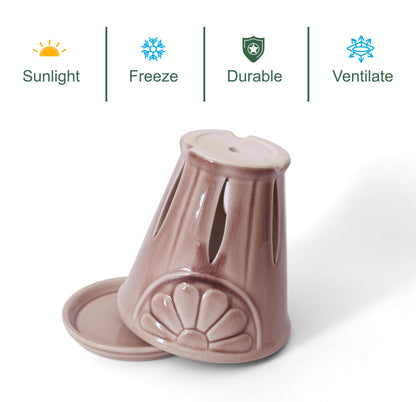 Gniliny Ceramic Orchid Pot with Slotted Holes, 5.39 Inch Crackle Glaze Lotus Pink Planter with Daisy Relief & Tray, Breathable Vertical Slotted Orchid Container for Repotting