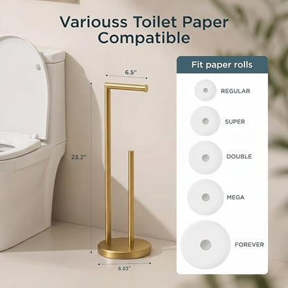 FORIOUS Toilet Paper Holder Stand, Modern Freestanding Tissue Roll Holder for Bathroom, Durable 304 Stainless Steel and Weighted Base Toilet Paper Stand, toilet paper storage for 4 Rolls, Brushed Gold