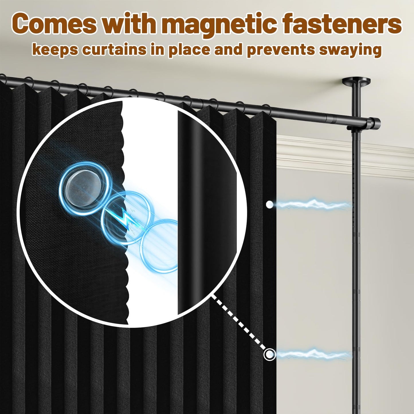 AJAZZ Room Divider Curtain (Black, W100 x L84 in, 1 Panel)+ Tension Curtain Rod No Drilling (H) 43-120×(W) 35-100 in, for Privacy/Soundproof Curtains, Heavy Duty Wall Separator