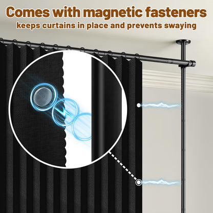 AJAZZ Room Divider Curtain (Black, W100 x L84 in, 1 Panel)+ Tension Curtain Rod No Drilling (H) 43-120×(W) 35-100 in, for Privacy/Soundproof Curtains, Heavy Duty Wall Separator
