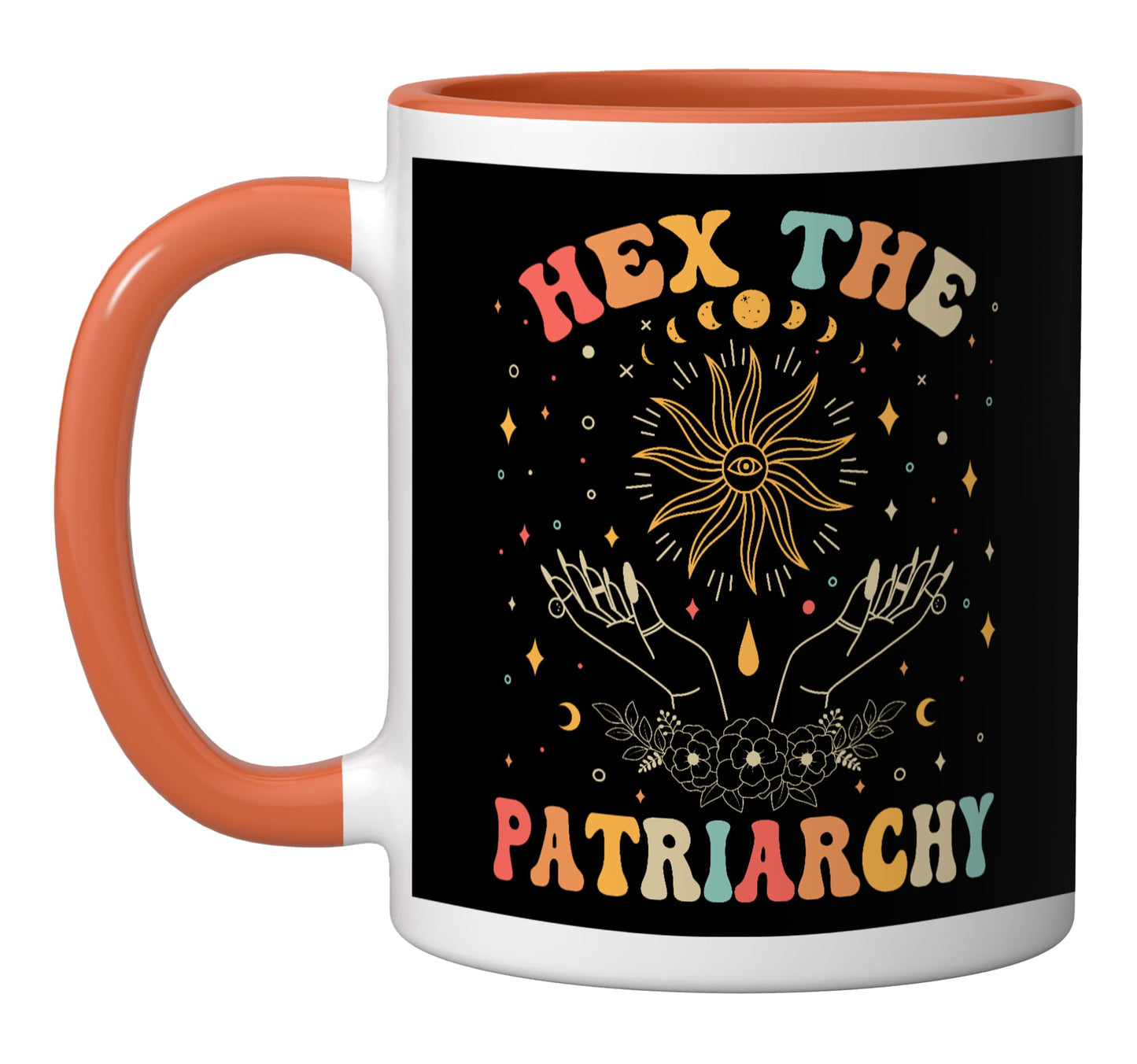 Feminist Witch, Hex The Patriarchy Halloween Witch Vibes Ceramic Mug, Orange/White
