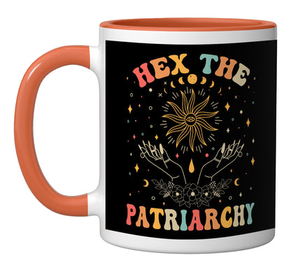 Feminist Witch, Hex The Patriarchy Halloween Witch Vibes Ceramic Mug, Orange/White