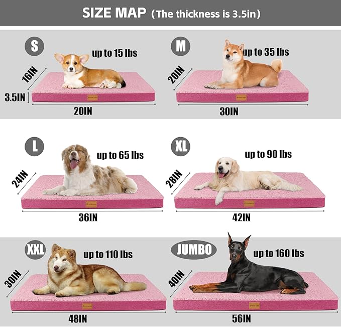 Patas Lague Orthopedic XL Dog Bed Large Sized Dog 42''X28'', Soft Waterproof Egg Crate Foam Large Pet Crate Beds Mat with Removable Washable Cover and Non-Slip Bottom, Pink