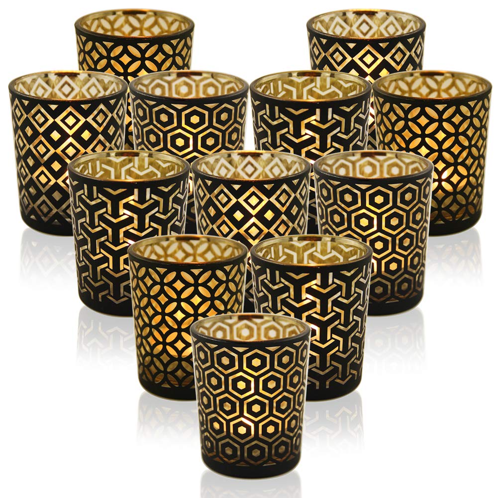 SHMILMH Black Gold Glass Votive Candle Holders Set of 12