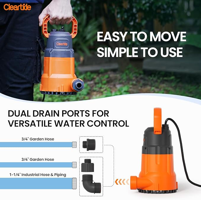 Cleartide Submersible Utility Water Pump, 1/2 HP 3060 GPH, Thermoplastic Portable Plug & Work, Ideal for Pool, Flooded Basement, Hot Tub, Pond & Garden Draining, Debris-Handling up to 3/8", 10 FT Cord