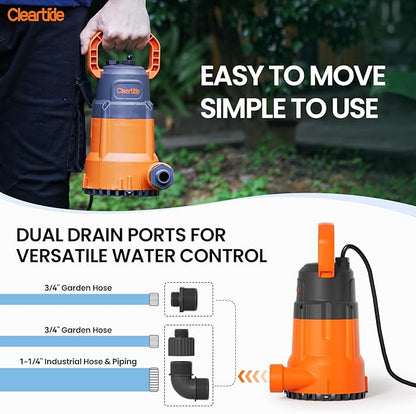 Cleartide Submersible Utility Water Pump, 1/2 HP 3060 GPH, Thermoplastic Portable Plug & Work, Ideal for Pool, Flooded Basement, Hot Tub, Pond & Garden Draining, Debris-Handling up to 3/8", 10 FT Cord