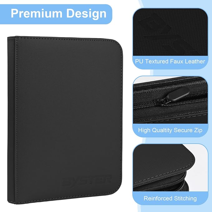 BYSTER 4 Pocket Card Binder, Premium PU Trading Card Binder with Zipper, 160 Capacity Side-Loading Binder for TCG, MTG, Sports Cards, Game Cards, Black