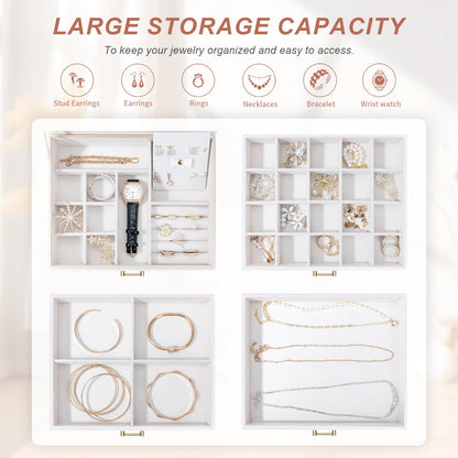 V-LAFUYLIFE Jewelry Box for Women,4-Layer Leather Jewelry Holder Organizer with 3 Drawers Large Jewelry Storage Boxes, Lots of Storage Space For Ring,Necklace,Bracelets,Earring（White）