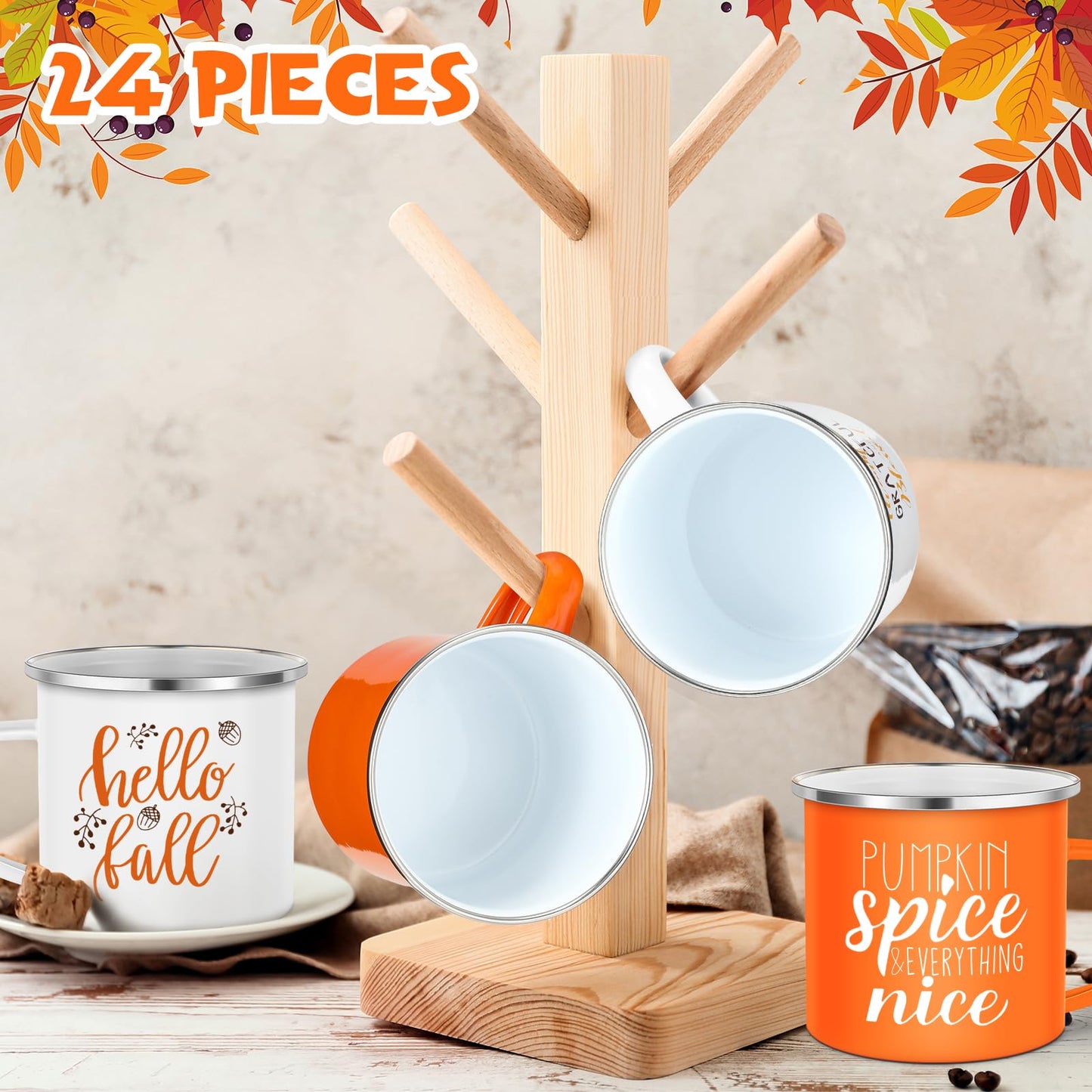 Fall Coffee Mugs 12 oz Thanksgiving Enamel Mug Autumn Coffee Mug Outdoor Camper Mug Hello Fall Pumpkin Spice Give Thanks Sign Camping Tea Cup Decor for Christmas Halloween Party Campfire(24 Pcs)