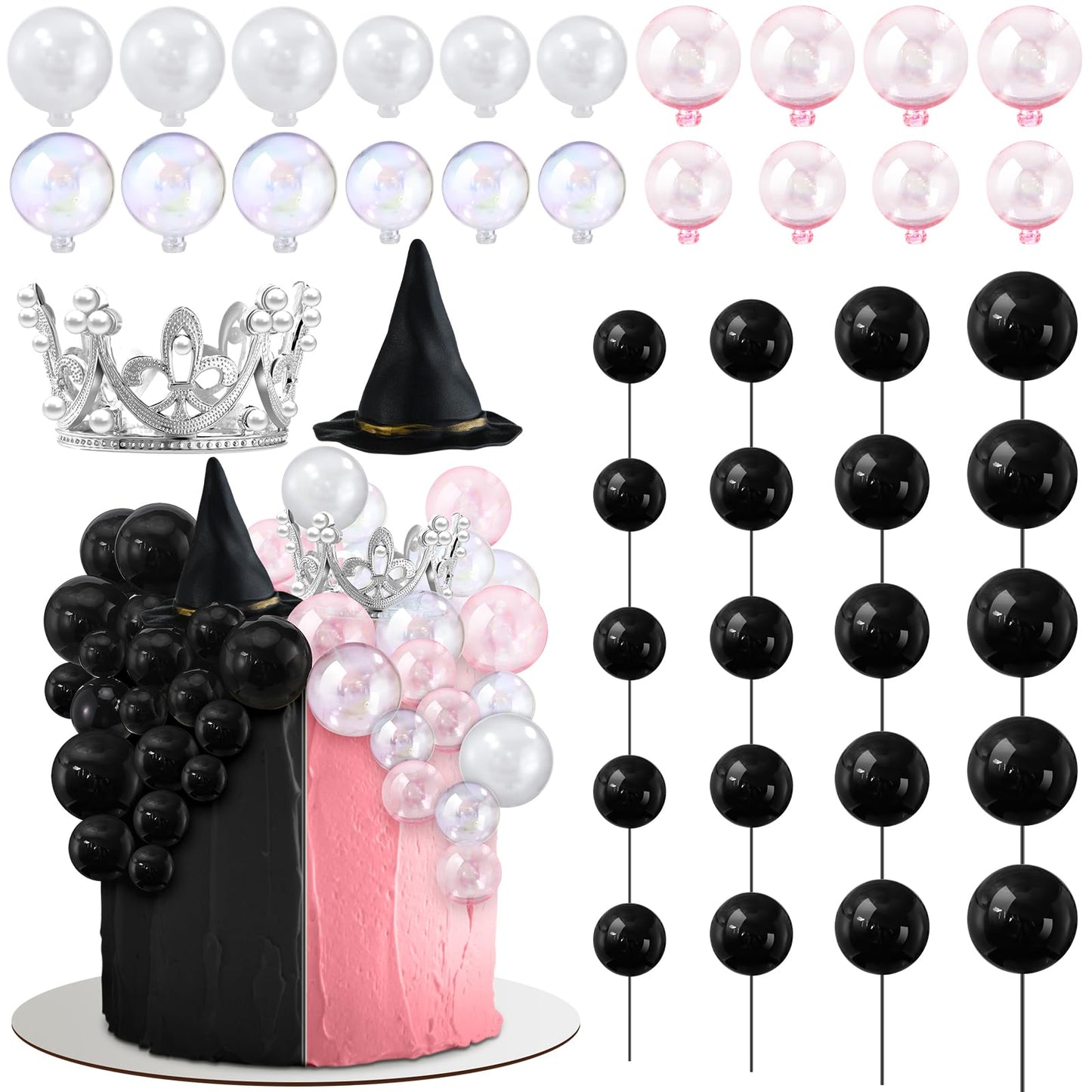Geelin 42pcs Witch Theme Party Supplies Black Balloons Cake Topper Mini Balloons, Silver Plastic Crown and Black Women Witch Hat Fantasy Decoration Balls for Birthday Cake Decoration