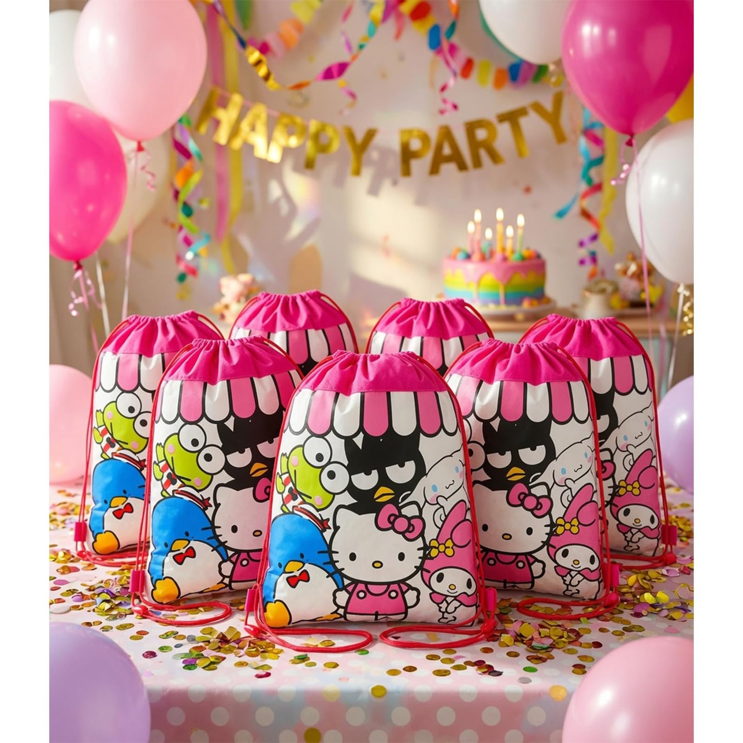 Hello Kitty Party Favor Bags Set - Bundle with 6 Drawstring Bags for Kids with Stickers and More | Hello Kitty Birthday Party Supplies