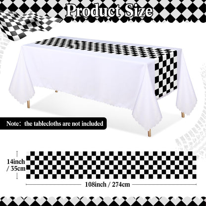 Preboun 12 Pcs Plastic Checkered Table Runner 14 x 108 Inch Racetrack Road Table Runner for Two Fast Car Theme Birthday Racing Party Decor Events Supplies (Black White Checkered)