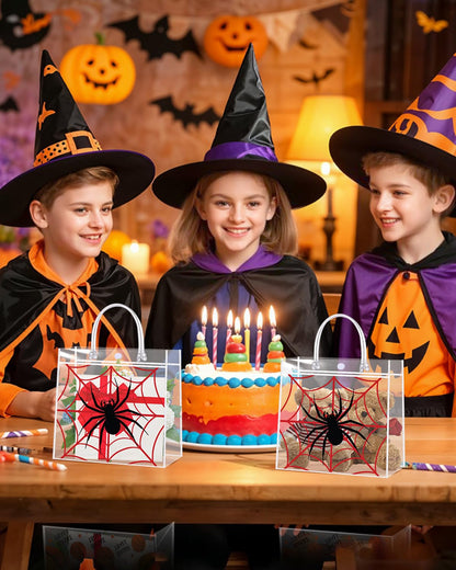 Liobelon 24 Pieces Spider Party Favor Gift Bags Spider Clear PVC Gift Bags with Handles 8 x 8 x 3.2inches Transparent Treat Snack Bag for Birthday Insect Theme Gothic Style Party