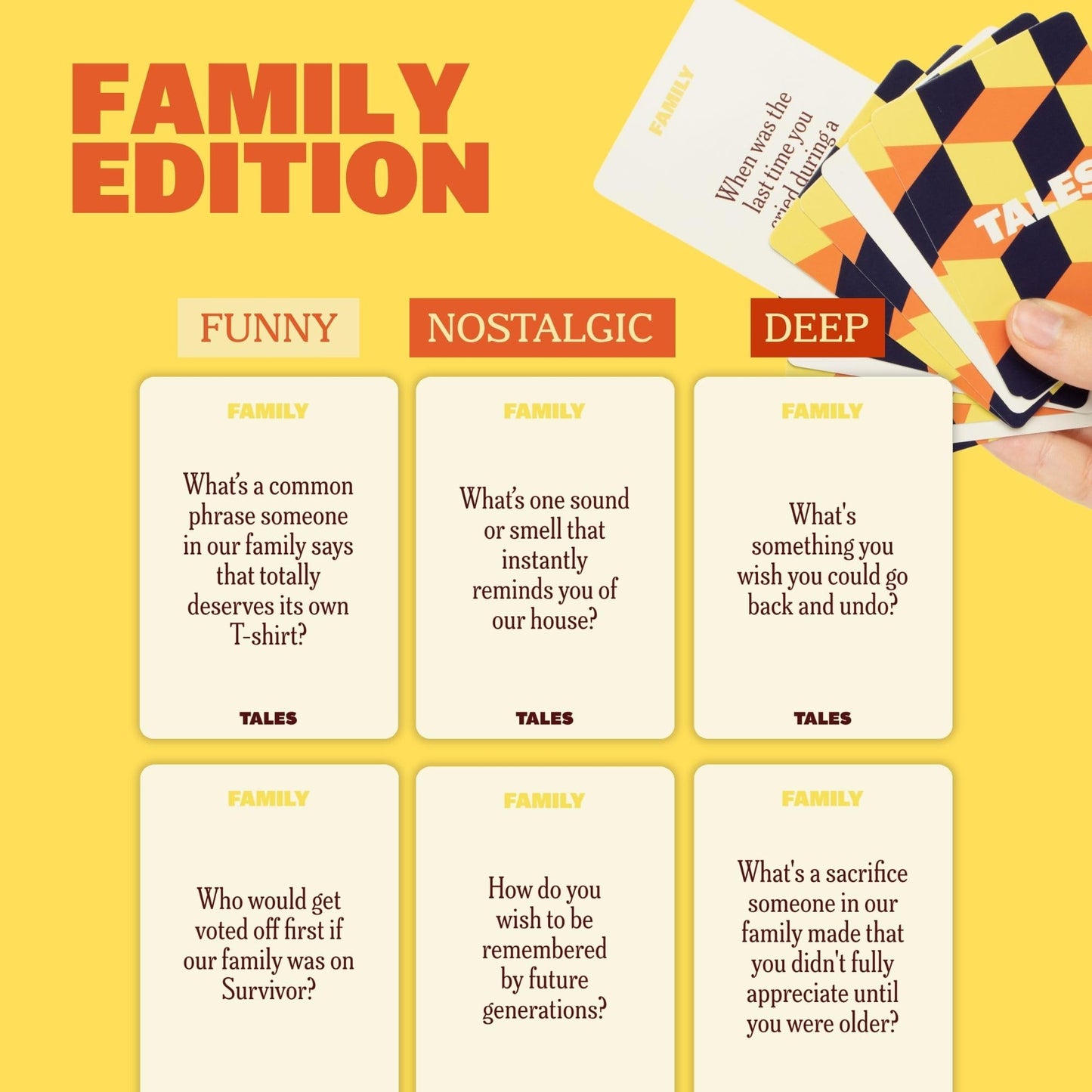 TALES Family Edition 150 Conversation Cards for Family Game Night, Adults, Teens, and Kids, Family Dinners, and Gatherings, Prompts for Meaningful Connections