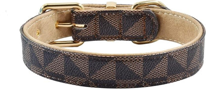 Leather Dog Collar and Leash Set, Check Pattern Dog Collar Leashes Metal Buckle Adjustable Durable for Small Medium Large Dogs (Brown, XL(18-22IN))
