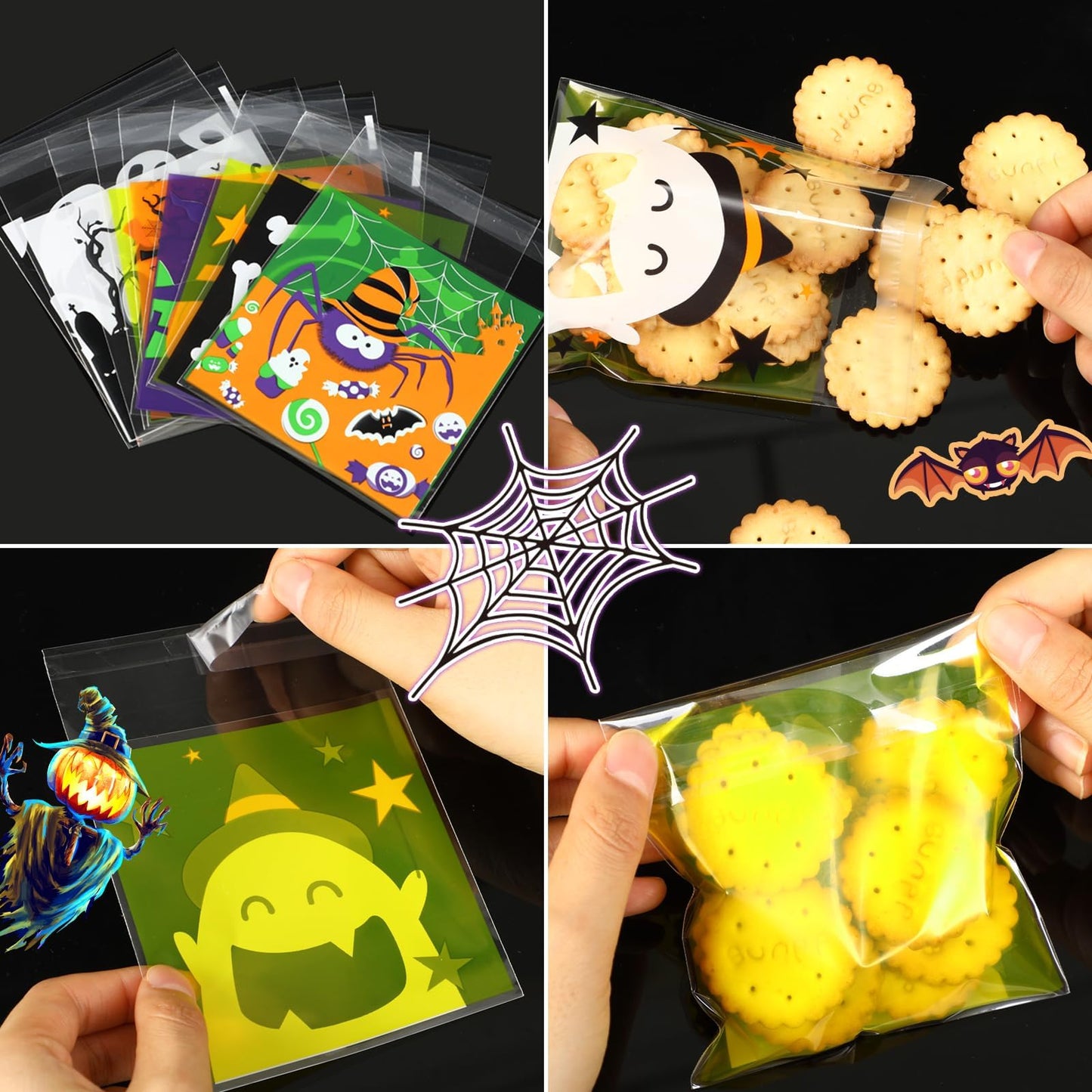 FEBSNOW 450pcs Halloween Self Adhesive Candy Dessert Treat Bags 9 Patterns