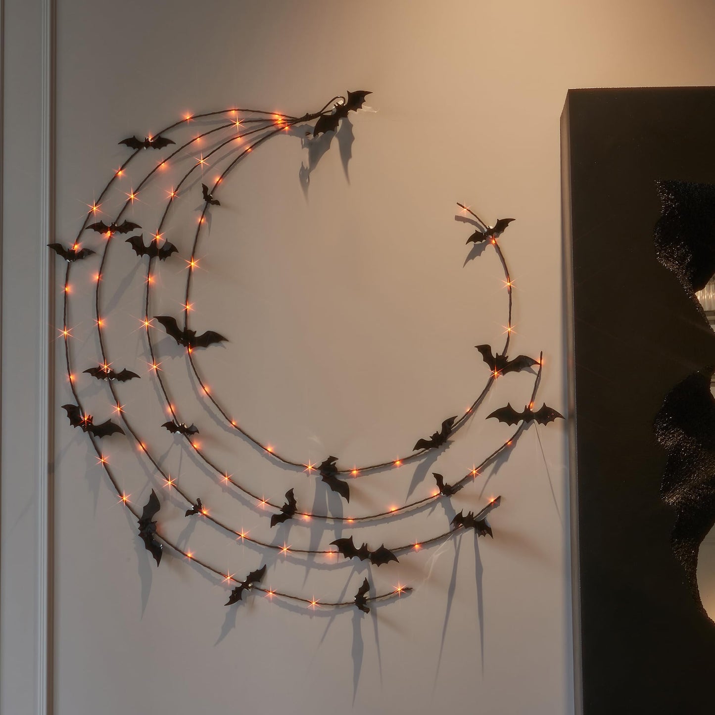LITBLOOM Halloween Garland with Lights 6FT 80 Orange and Warm White Fairy Lights, Lighted Black Garland Battery Operated with Timer Lit Bats for Wall Porch Decoration (2 Pack)