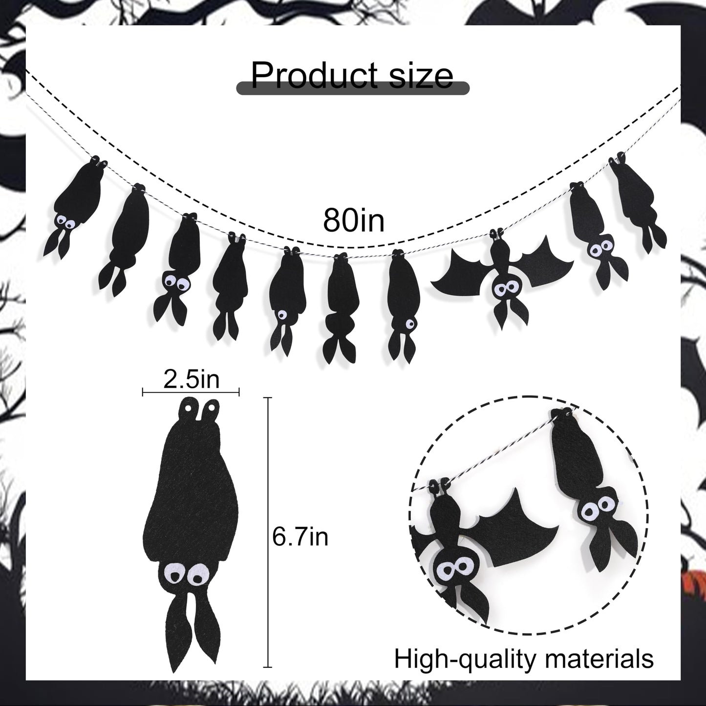 Felt Bat Garland - Halloween Black Bat Banner, Gothic Party Decor, Hanging Bat Mantel Bunting, Spooky Garland for Fireplace Mantle Walls