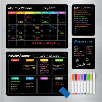 FINDMAG 4 Pack Magnetic Dry Erase Board Set, 16.5"x11.8" Magnetic Calendar for Refrigerator, Fridge Calendar Magnet, Black Weekly Planner Whiteboard for Fridge, Easy to Use with 8 Markers & Eraser