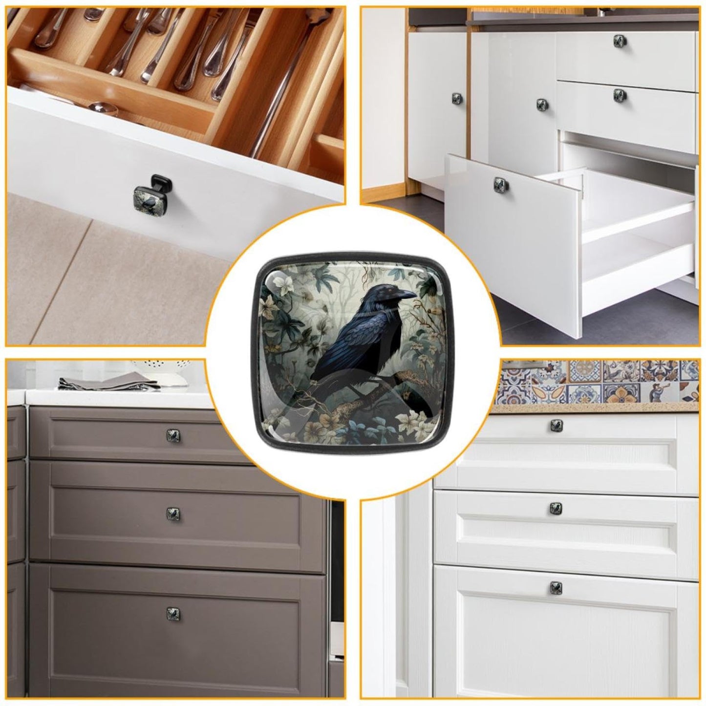 Anna Cowper 4 Pack Kitchen Cabinet Knobs Forest Raven, Black Drawer Knobs Square Knobs for Cabinets and Drawers Single Hole Cabinet Hardware Cupboard Dresser Knobs